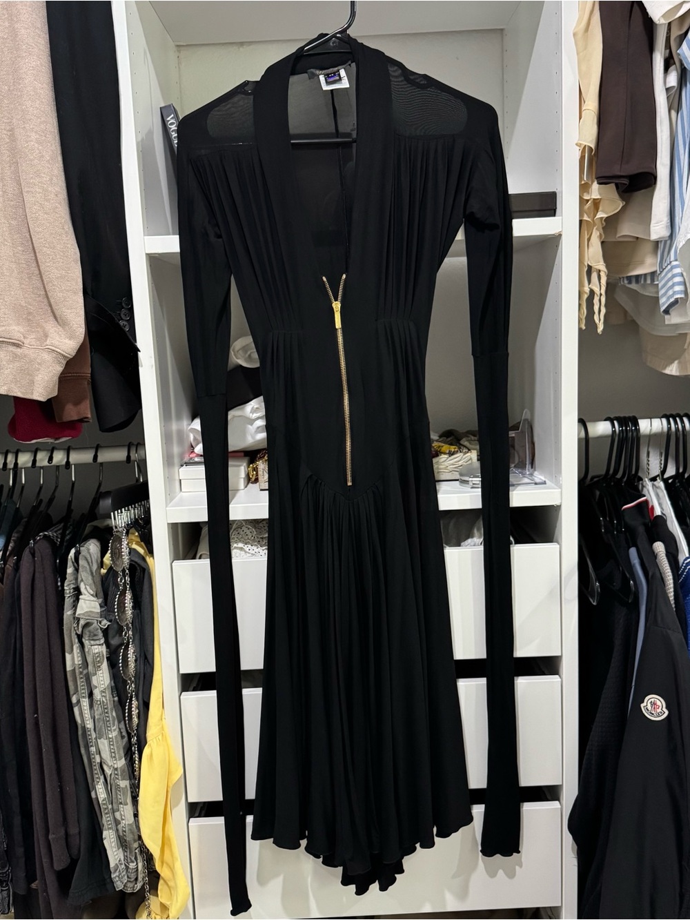 Roberto Cavalli Black Long-Sleeve Zip-Front Midi Dress with Gold Zipper